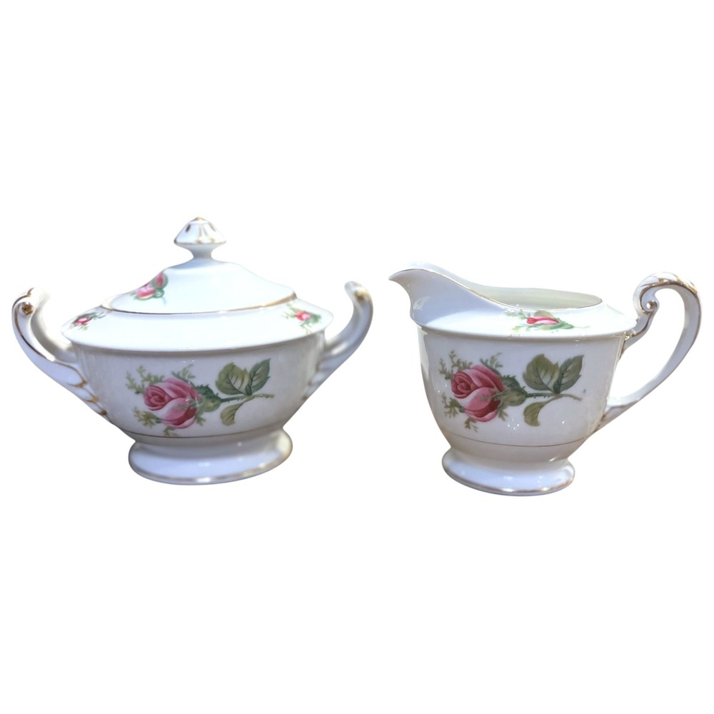 Vtg 50s Kyoto Japan Roseverte Fine China Creamer & Sugar Set‎ Pink Roses Gold
